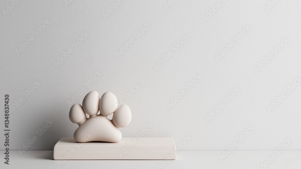 Fototapeta premium Small sculpture of a dog's paw print on a white wooden base. the sculpture is made of a light-colored material and appears to be made of ceramic or porcelain.
