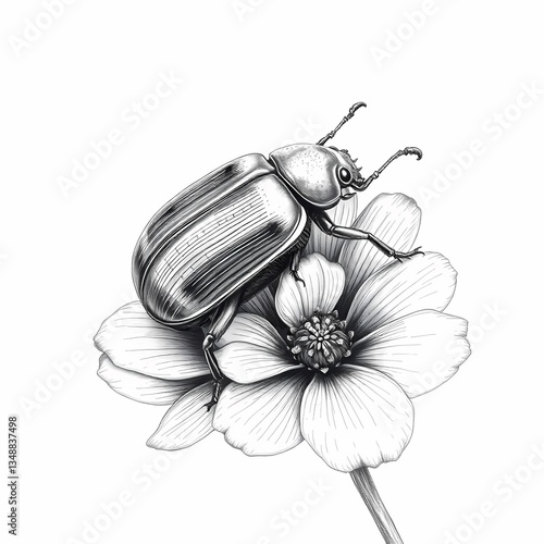 Detailed Beetle and Delicate Bloom: An intricate and realistic illustration showcases a majestic beetle perched atop the delicate petals of a blossoming flower.