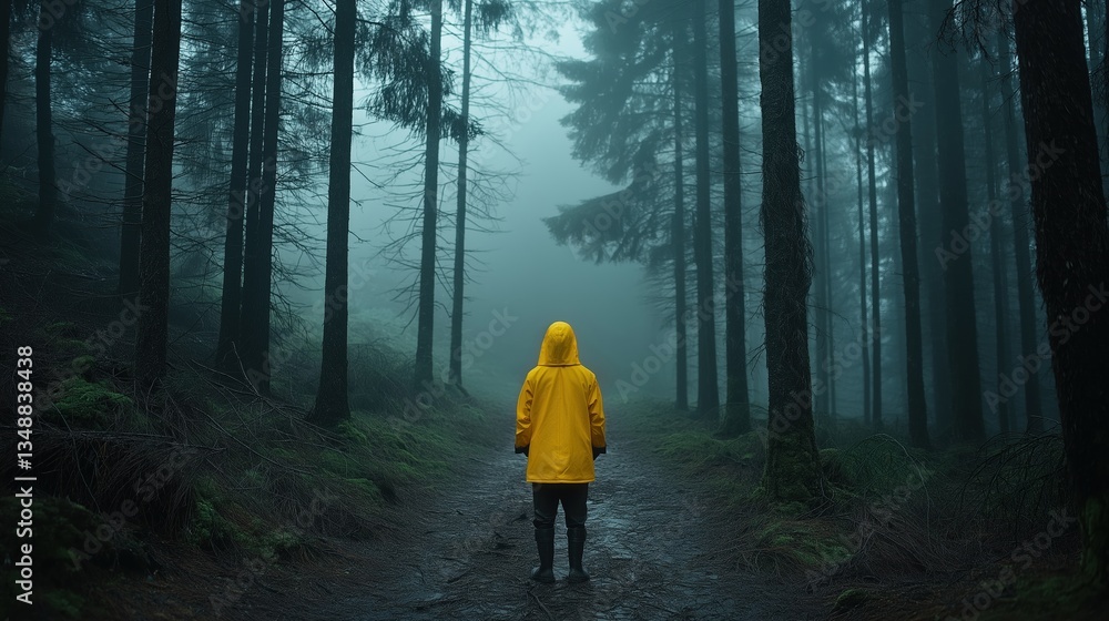 Person walking on a dirt path in a foggy forest. the person is wearing a bright yellow raincoat and is walking towards the right side of the image. Person walking on a dirt path in a foggy forest. the person is wearing a bright yellow raincoat and is walking towards the right side of the image.