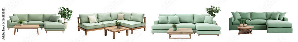 Inviting and stylish living room featuring a modular green sofa set with natural wood accents complemented by potted plants and a cohesive design aesthetic Inviting and stylish living room featuring a modular green sofa set with natural wood accents complemented by potted plants and a cohesive design aesthetic