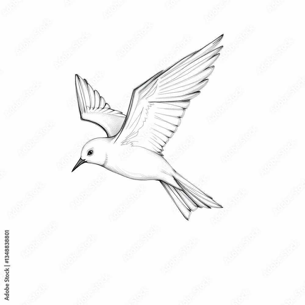 Fototapeta premium Soaring Dove in Monochrome: A pristine black and white drawing of a dove in mid-flight, its wings gracefully spread against the canvas, symbolizing peace and freedom.