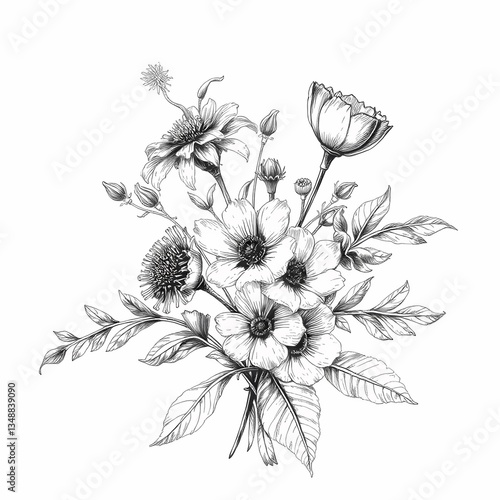 Botanical Beauty: An exquisite pencil sketch of a delicate floral arrangement, showcasing intricate details of blossoms and leaves. The monochromatic artwork captures the essence of natural beauty