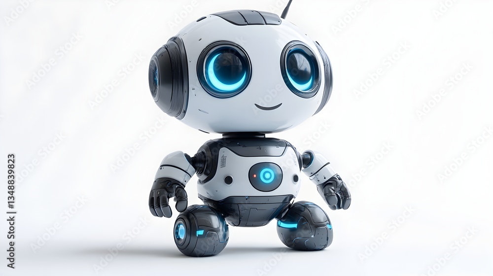 Adorable White Robot With Blue Eyes On White Background Adorable White Robot With Blue Eyes On White Background