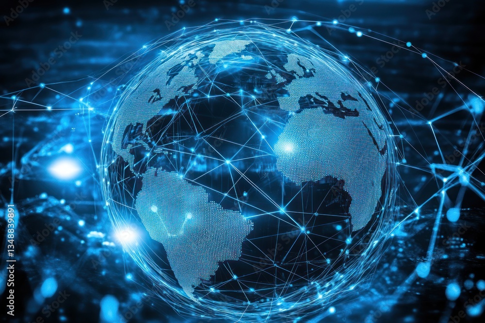 Digital globe with interconnected networks in a tech backdrop Digital globe with interconnected networks in a tech backdrop