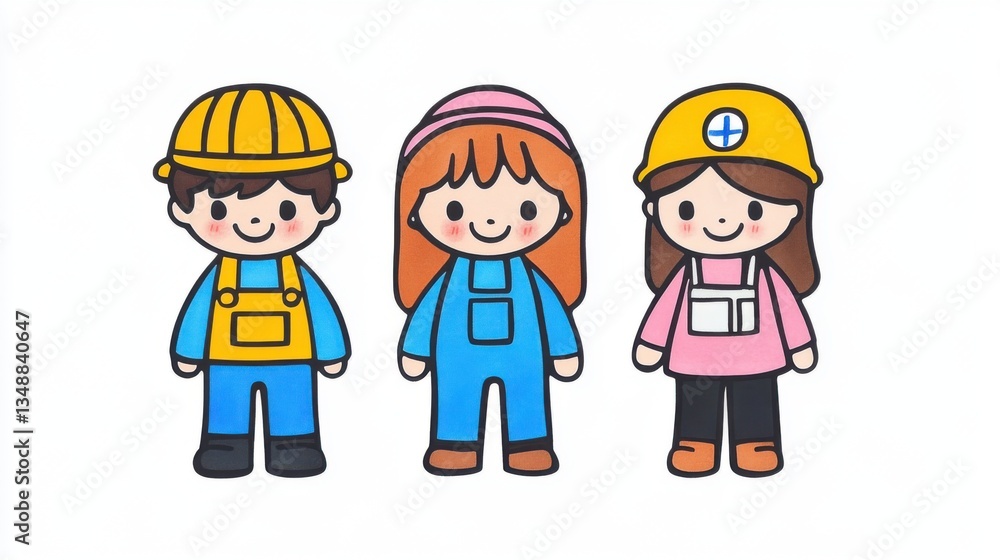 Cute Cartoon Characters in Work Attire Representing Different Occupations with Cheerful Expressions Cute Cartoon Characters in Work Attire Representing Different Occupations with Cheerful Expressions