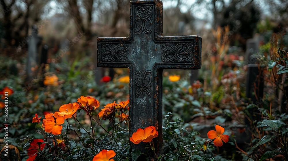 Weathered cross grave marker with orange flowers. Weathered cross grave marker with orange flowers.