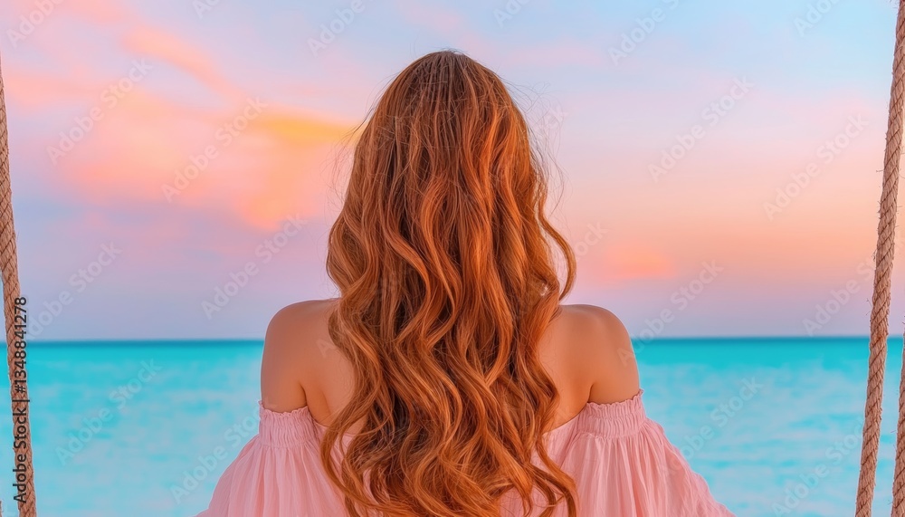 A woman with long hair enjoys a colorful sunset while sitting on a swing overlooking a tranquil ocean. A woman with long hair enjoys a colorful sunset while sitting on a swing overlooking a tranquil ocean.