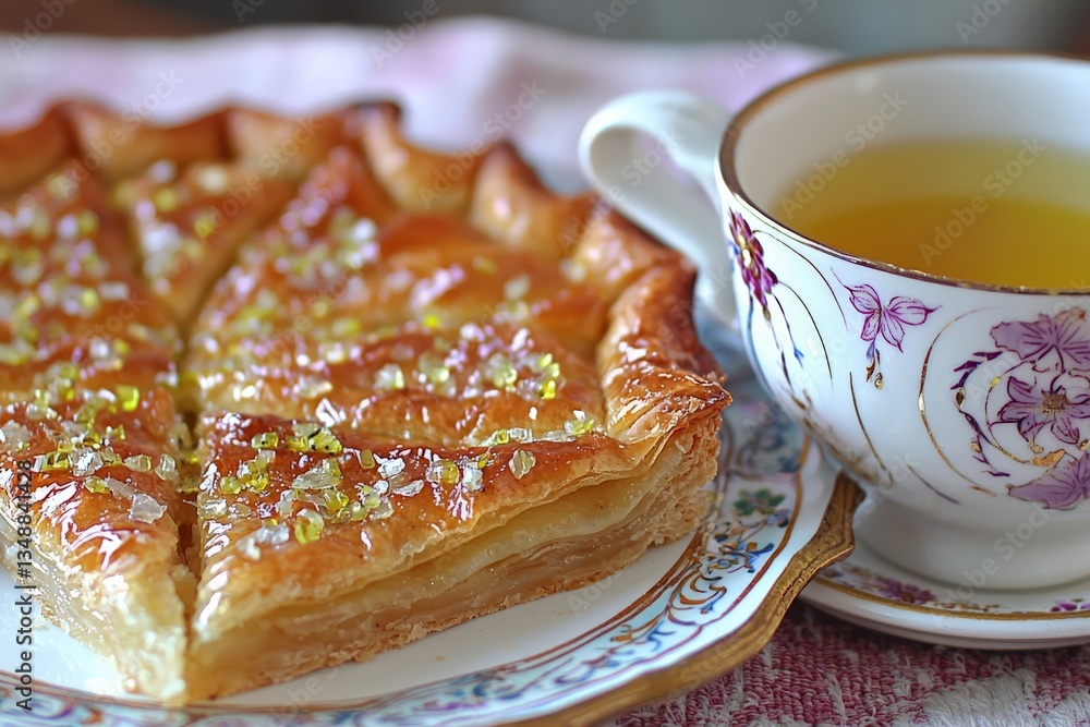 Fototapeta premium Classic honey soaked almond pastry cut into triangular slices served on a decorative ceramic plate with a vintage floral teacup for a cozy ambiance