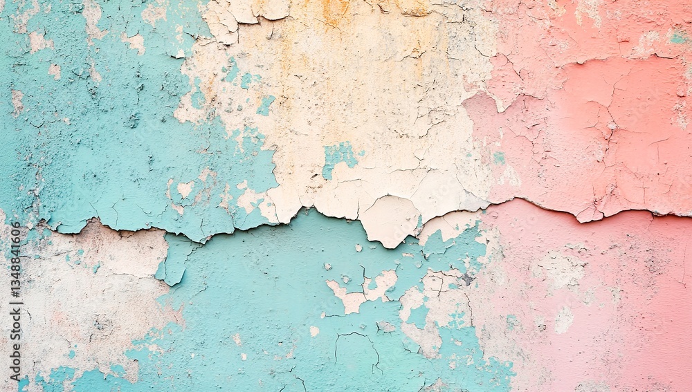 Obraz premium Pastel-colored wall with peeling paint. A textured background with faded, cracked paint in shades of blue, pink, and off-white.