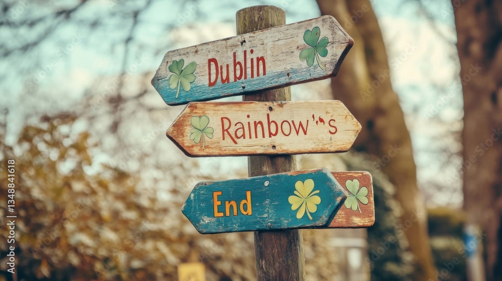 Fototapeta premium Rustic Wooden Signposts Pointing to Dublin Rainbows End