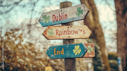 Rustic Wooden Signposts Pointing to Dublin Rainbows End
