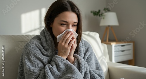 A woman wrapped in a blanket, holding a tissue to her nose while sitting on a couch in a bright, peaceful living room.