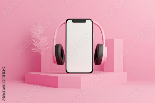 Smartphone with Podcast Interface and Stylish Headphones on Pink Background