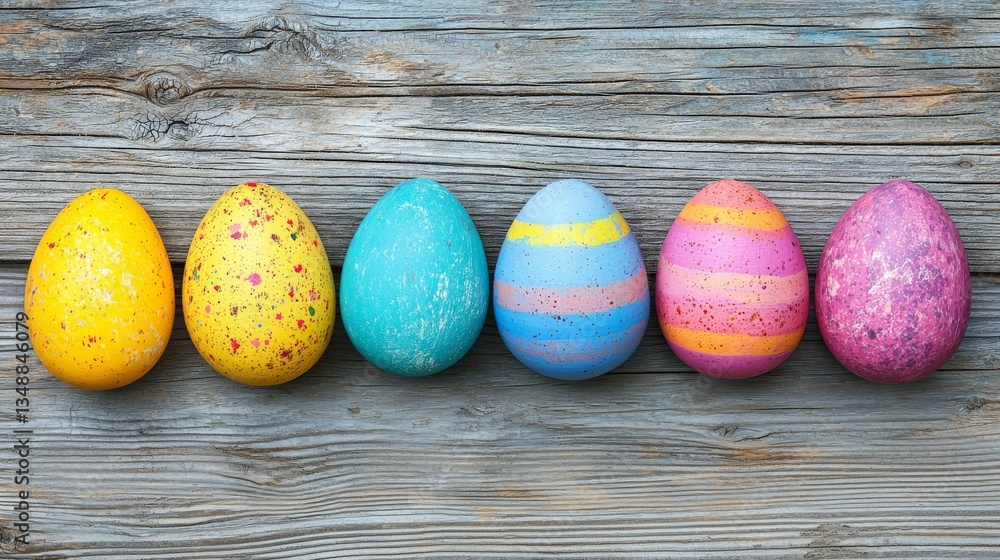 Colorful painted Easter eggs arranged in a row on a rustic wooden background symbolizing holiday traditions festive decorations and seasonal celebrations in a bright and cheerful composition Colorful painted Easter eggs arranged in a row on a rustic wooden background symbolizing holiday traditions festive decorations and seasonal celebrations in a bright and cheerful composition