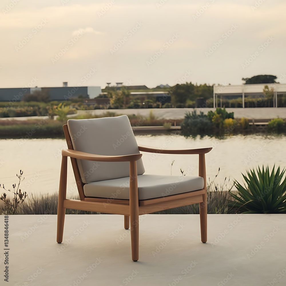 Fototapeta premium Outdoor wooden chair on balcony with ocean view – stylish and minimal furniture design at sunset