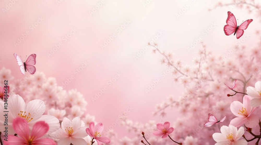 Naklejka premium Spring time. Spring pink background with sakura flowers and butterflies Floral background.