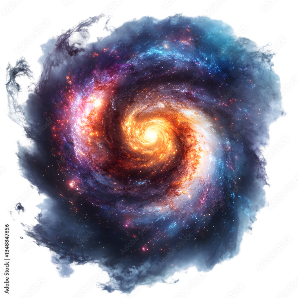 Fototapeta premium purple and blue cosmic spiral galaxy with bright core isolated on trannsparent background