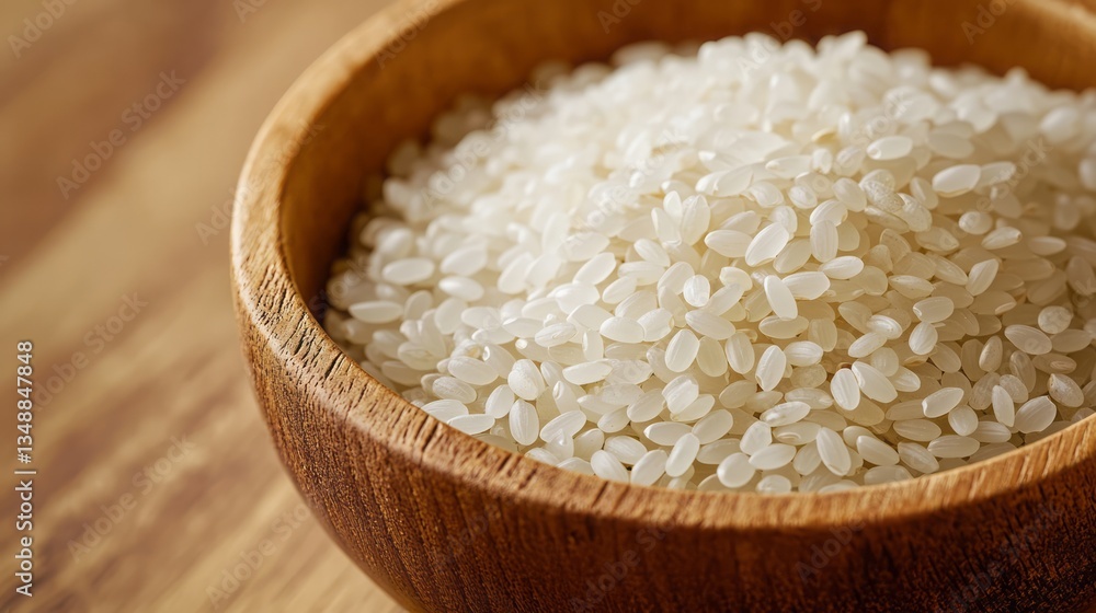 Perfectly Full Japanese Rice Grains in a Natural Wooden Bowl ,Warm and Clean Aesthetic. Perfectly Full Japanese Rice Grains in a Natural Wooden Bowl ,Warm and Clean Aesthetic.