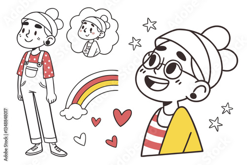 62 Colorful cartoon characters, simple line drawings, diverse facial expressions, whimsical portraits, childlike art style, vibrant colors, various hairstyles, minimalist design, cute illustrations, d