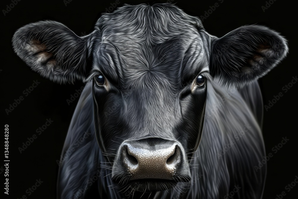 Naklejka premium Captivating portrait of a cow against a dark backdrop.