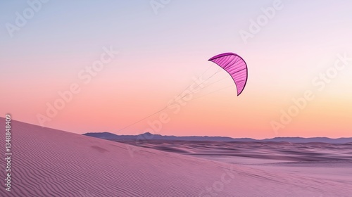 Person paragliding over a vast desert landscape. the sky is a beautiful shade of pink and orange, with the sun setting in the background.