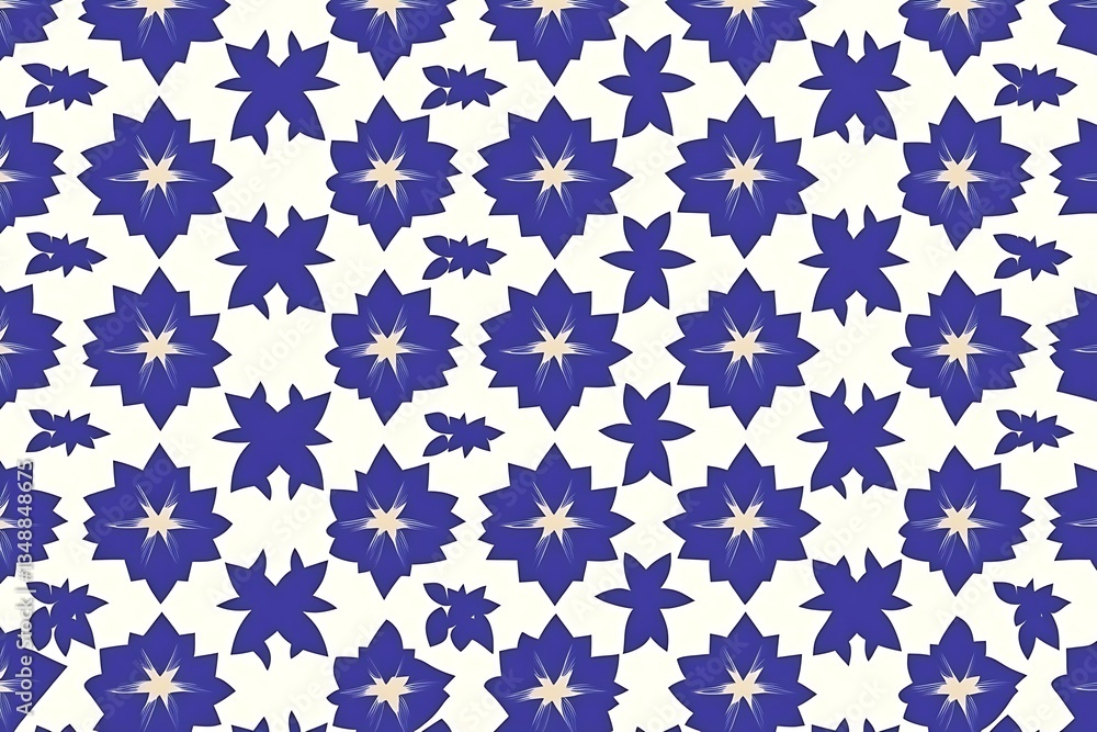 Blue and white floral pattern forming a repeating decorative design Blue and white floral pattern forming a repeating decorative design