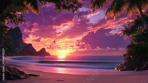 Breathtaking sunset over tropical beach with palm trees, purple and orange sky, a peaceful scenery