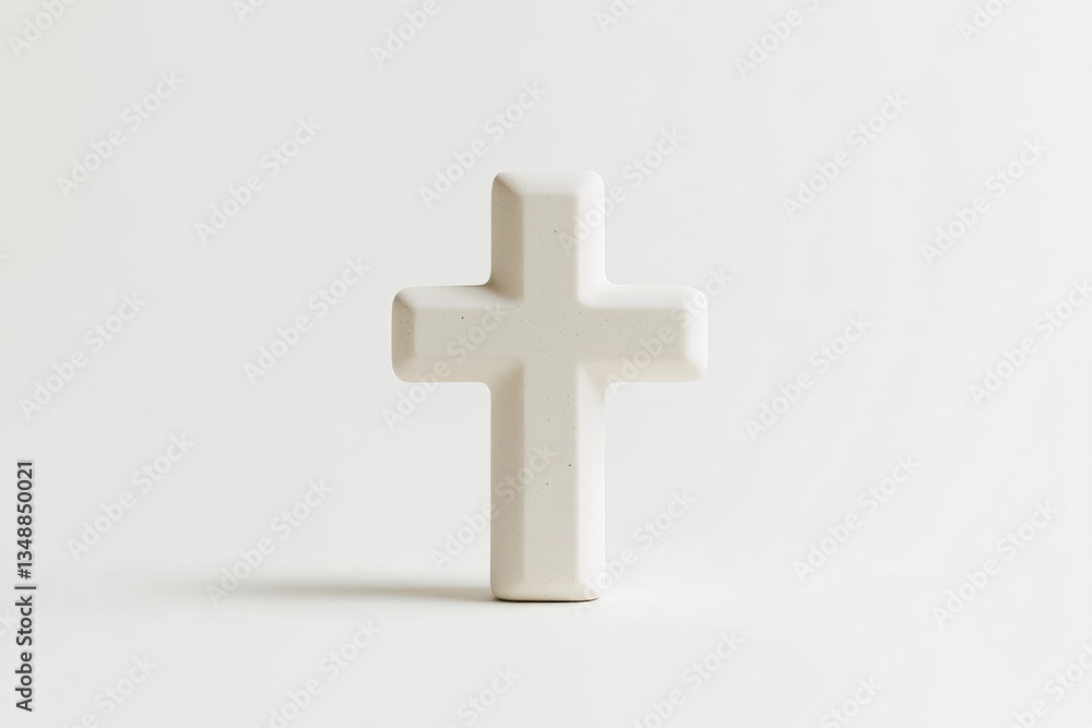 Simple, stylized cross. A minimalist, off-white, sculpted cross, positioned centrally against a plain white backdrop. The form is geometric, with distinct edges and facets Simple, stylized cross. A minimalist, off-white, sculpted cross, positioned centrally against a plain white backdrop. The form is geometric, with distinct edges and facets