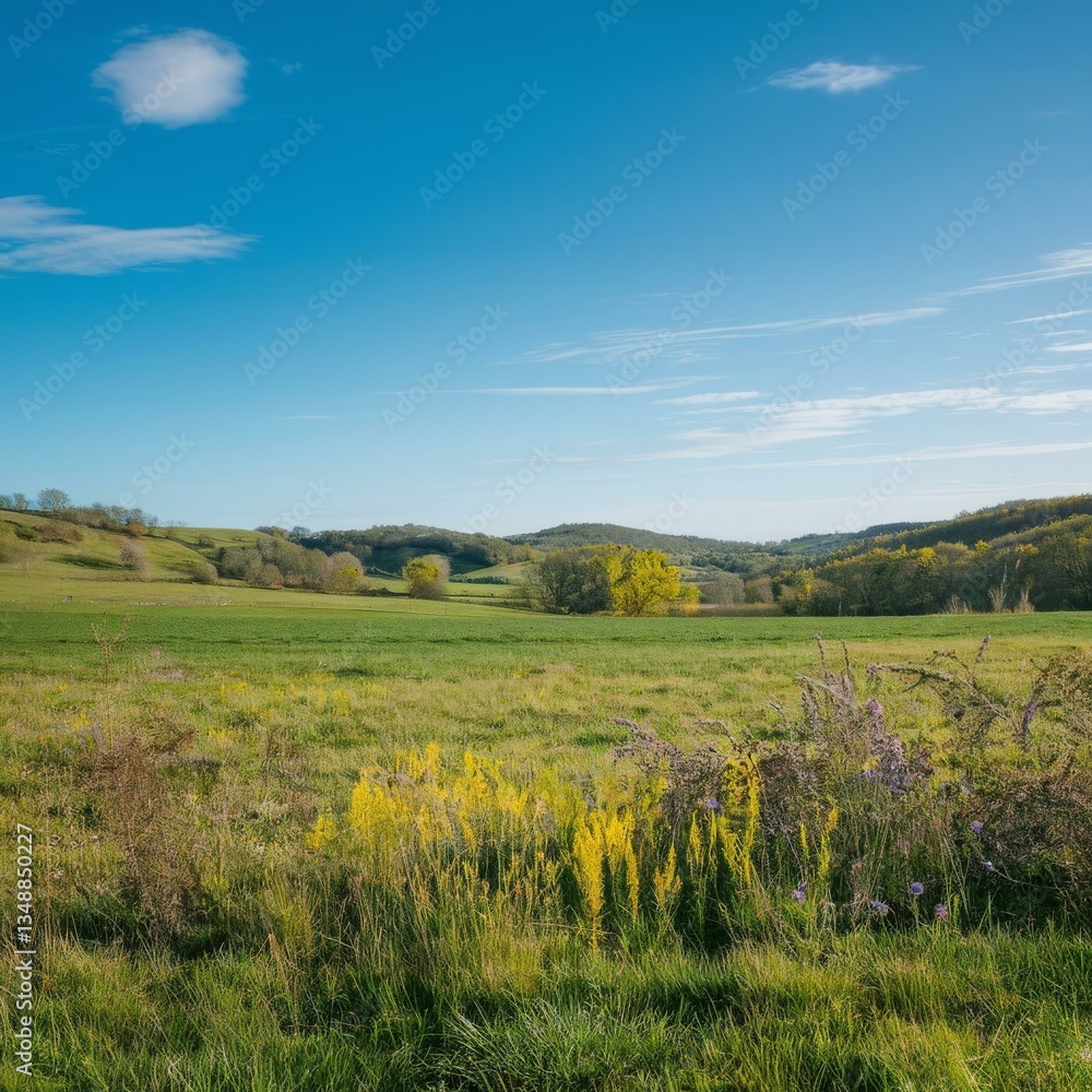 Obraz premium Green meadow with wildflowers and rolling hills under blue sky