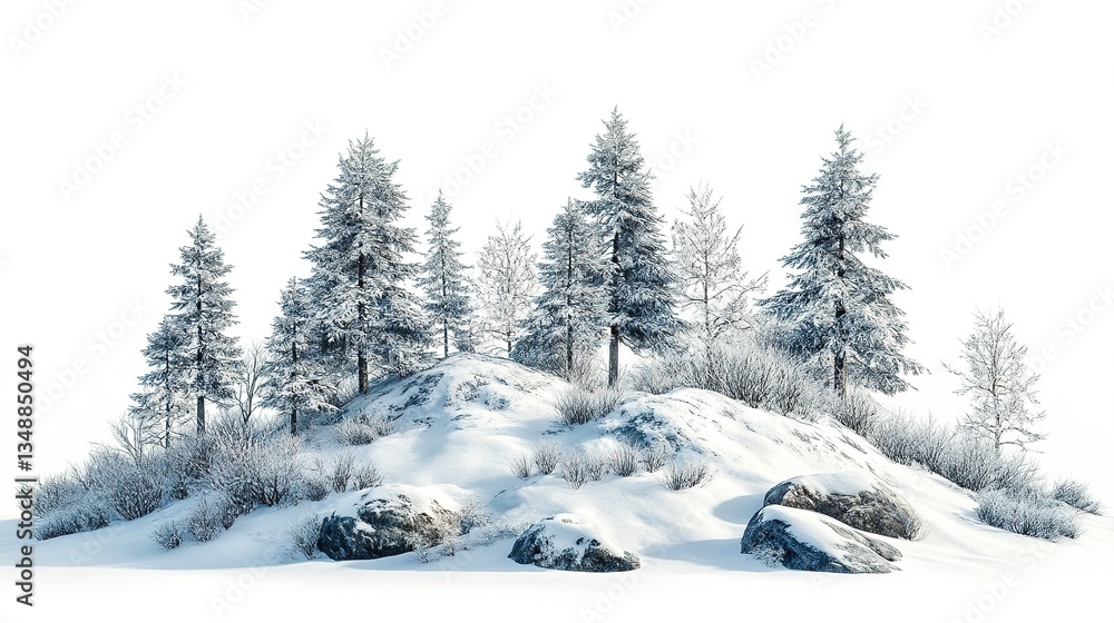 Naklejka premium Snow covered evergreen trees and shrubs on a small hill