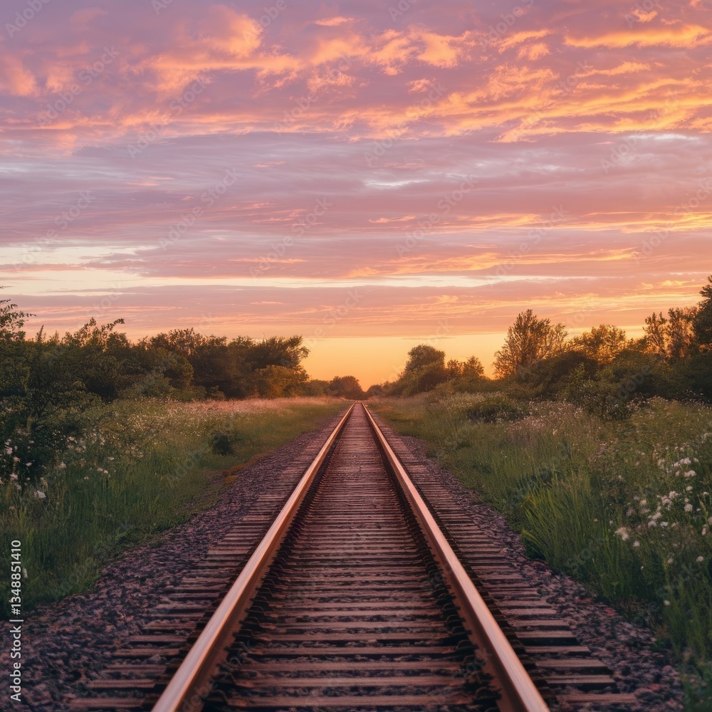 Rlways track agnst beautiful light of sunset sky Rlways track agnst beautiful light of sunset sky
