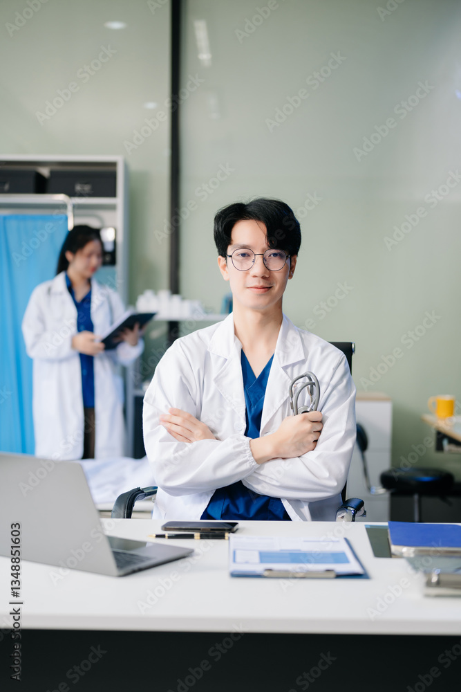 Doctor analyzing patient data on tablet in clinical lab. Medical professional in hospital with laptop, blood samples Doctor analyzing patient data on tablet in clinical lab. Medical professional in hospital with laptop, blood samples