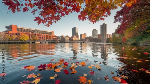 Boston skyline and Harvard Stadium across Charles River in autumn