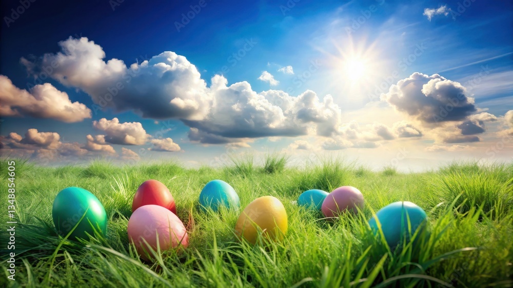 Brightly colored eggs nestled in a verdant field under a brilliant, sun-drenched sky Brightly colored eggs nestled in a verdant field under a brilliant, sun-drenched sky