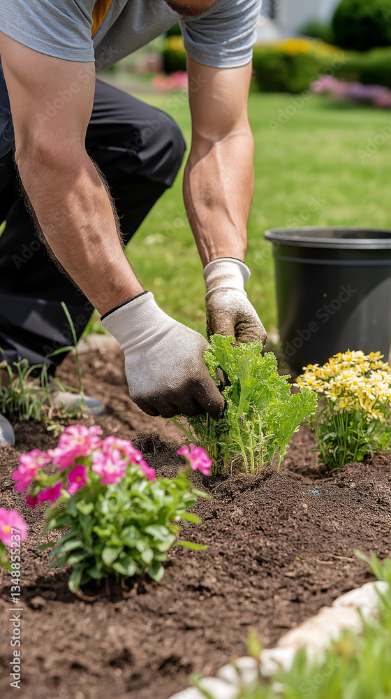 Fototapeta premium Gardener pulling weeds from flower bed in sunny garden 