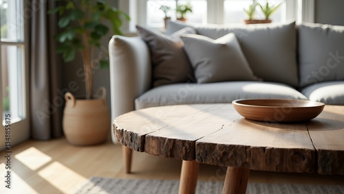 A photo of a rustic, distressed round wood table with a natural finish, positioned near a sleek, low-profile sofa adorned with a pair of plush grey pillows featuring subtle texture and subtle sheen