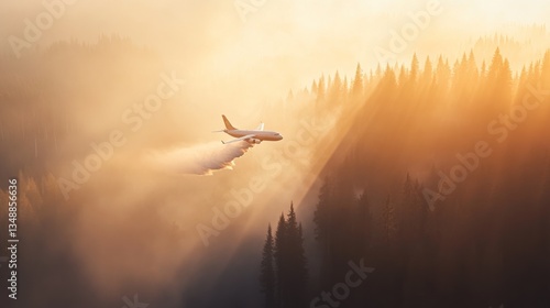 plane extinguishes fire flying low over forest, Firefighting aircraft dropping crimson suppressant near wildfire landscape