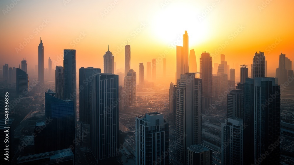 Gleaming skyscrapers towering over modern city skyline, bathed in warm golden light at early morning sunrise Gleaming skyscrapers towering over modern city skyline, bathed in warm golden light at early morning sunrise