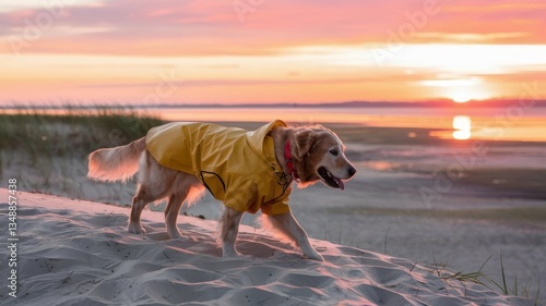 Dog walking on sand dune at sunset 