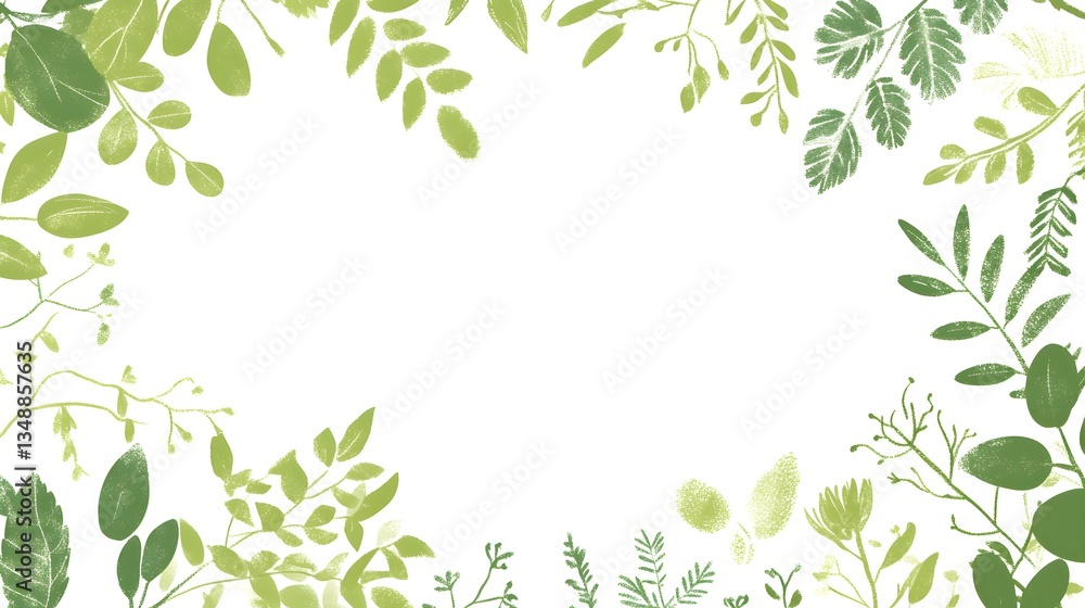 Green leaves and foliage frame a white empty space Green leaves and foliage frame a white empty space