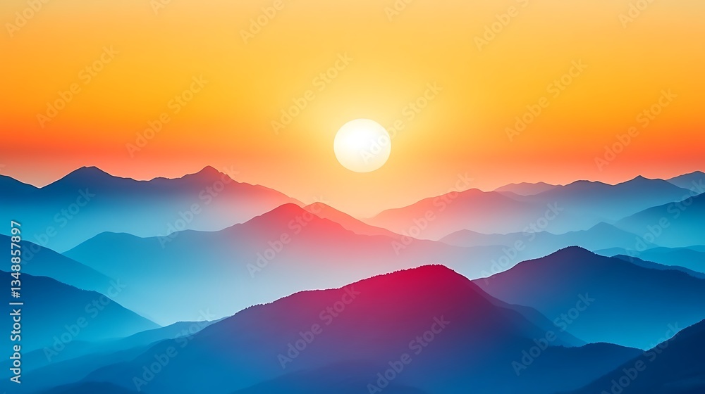 Fototapeta premium Vibrant sunset over layered mountains.