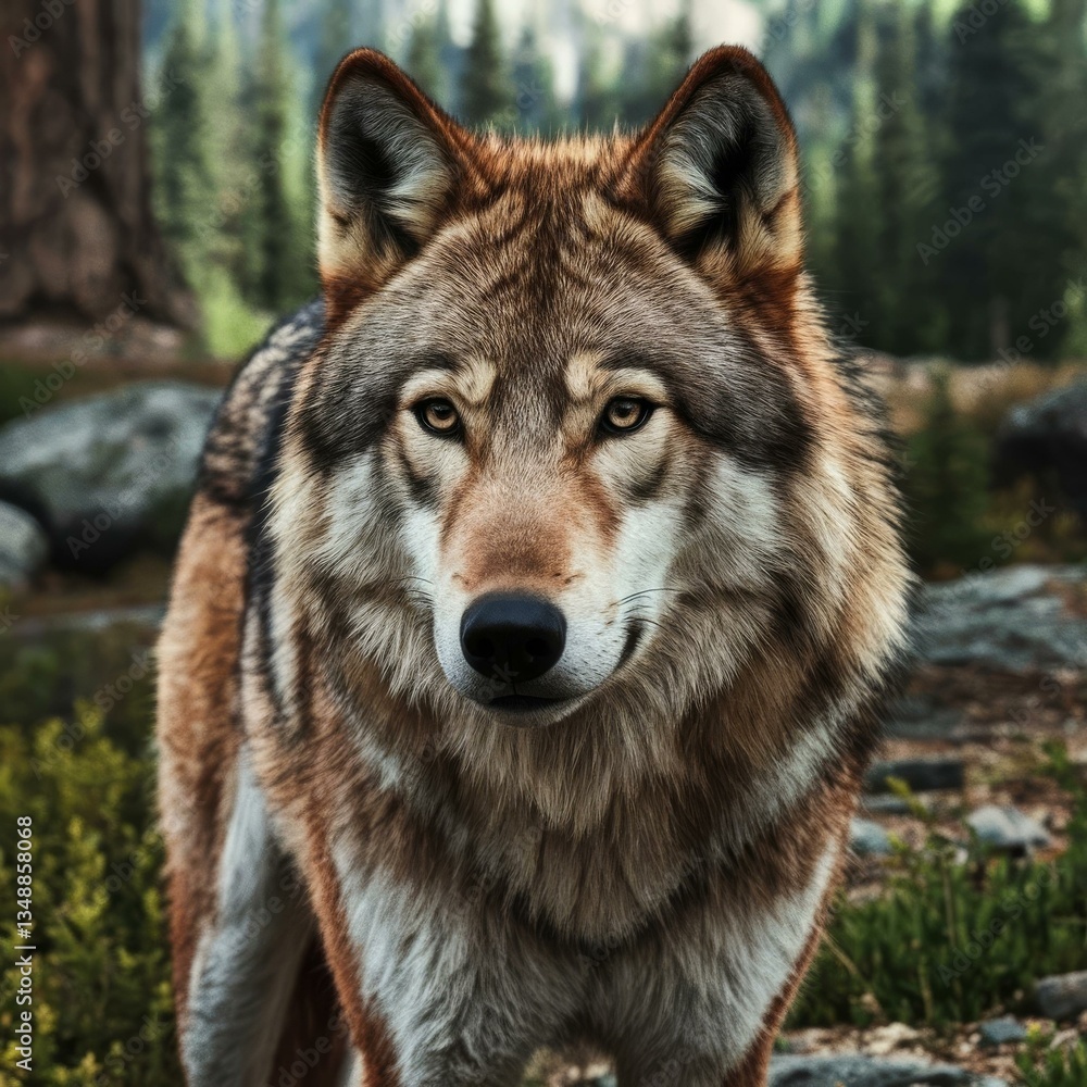 Closeup portrt of a majestic wolf with piercing eyes and detled fur in a forest setting Closeup portrt of a majestic wolf with piercing eyes and detled fur in a forest setting
