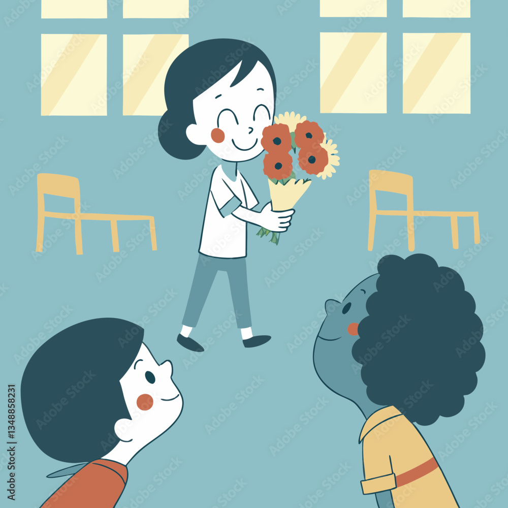 Students Giving Flowers to Teacher – Heartwarming Classroom Scene Students Giving Flowers to Teacher – Heartwarming Classroom Scene