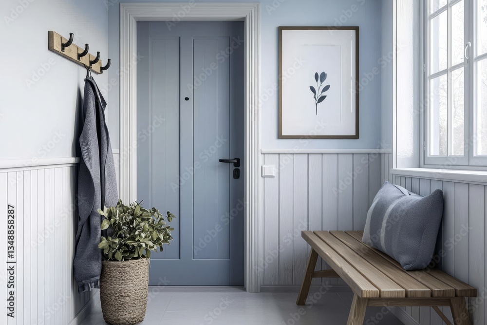 Fototapeta premium The wooden bench and coat rack enhance the farmhouse aesthetic.