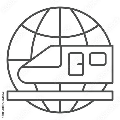 High speed train globe thin line icon, delivery concept. Vector graphics. World globe with railroad train sign on white background, outline style icon for mobile or web design.