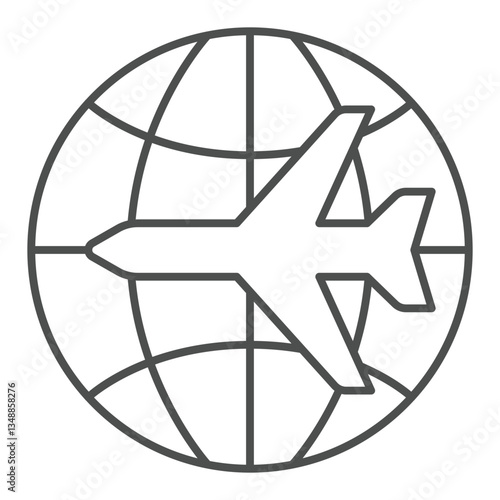 Airplane on world globe thin line icon, avia shipping concept. Vector graphics. Plane delivery sign on white background, outline style icon for mobile or web design.