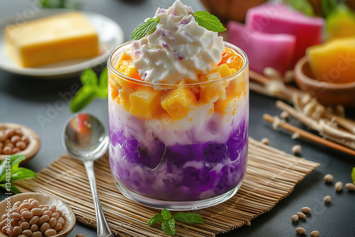 Colorful Halo-Halo Dessert with Ube, Mango, and Cream Topping