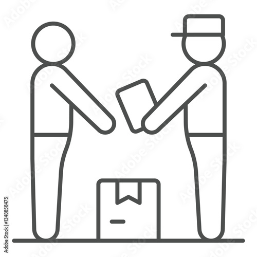 Postman with recipient box thin line icon, postage delivery concept. Vector graphics. Courier man with client package sign on white background, outline style icon for mobile or web design.