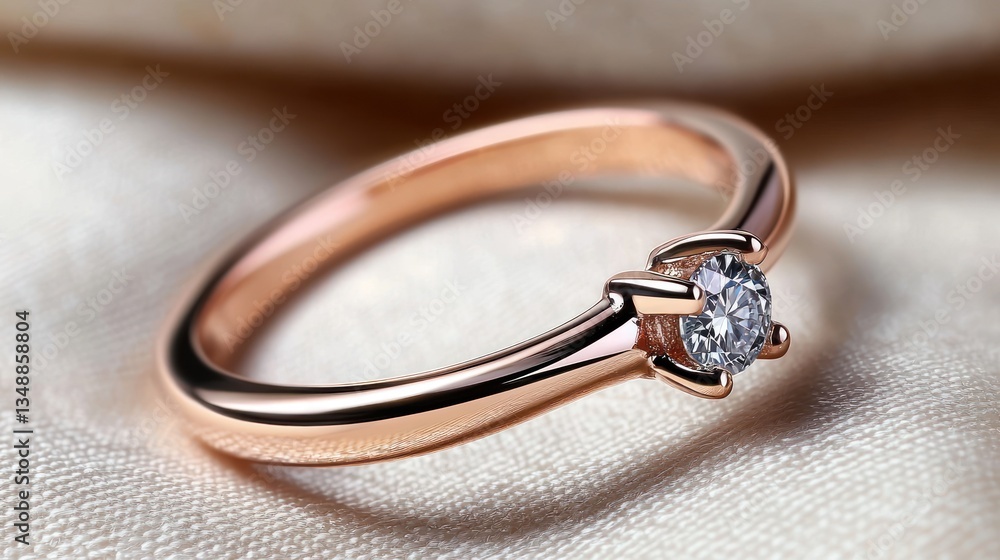 Elegant rose gold engagement ring with a sparkling diamond on soft satin background Elegant rose gold engagement ring with a sparkling diamond on soft satin background