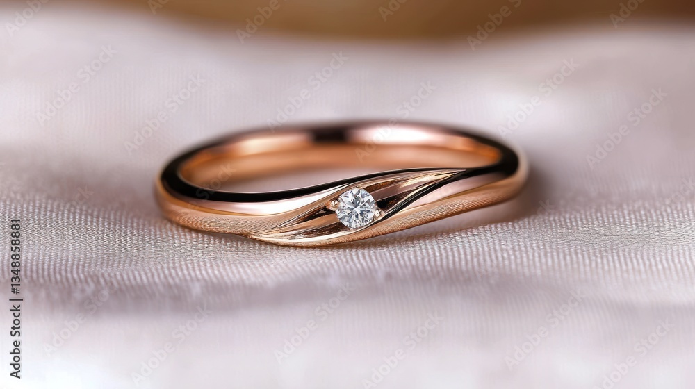 Elegant rose gold ring with a diamond accent resting on soft fabric background, ideal for jewelry display Elegant rose gold ring with a diamond accent resting on soft fabric background, ideal for jewelry display